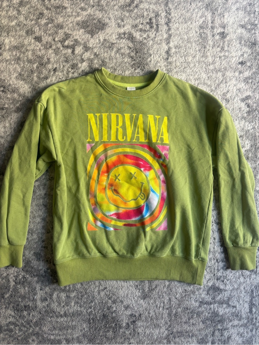 NIRVANA Olive Green Tie-Dye Smiley Crewneck